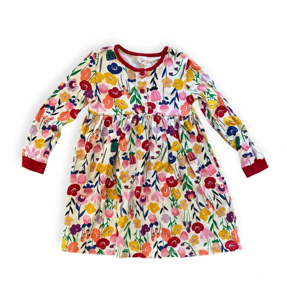 Hanna Andersson Girls Long Sleeve Floral Dress Red Trim/Buttons Size 120 (6-7)